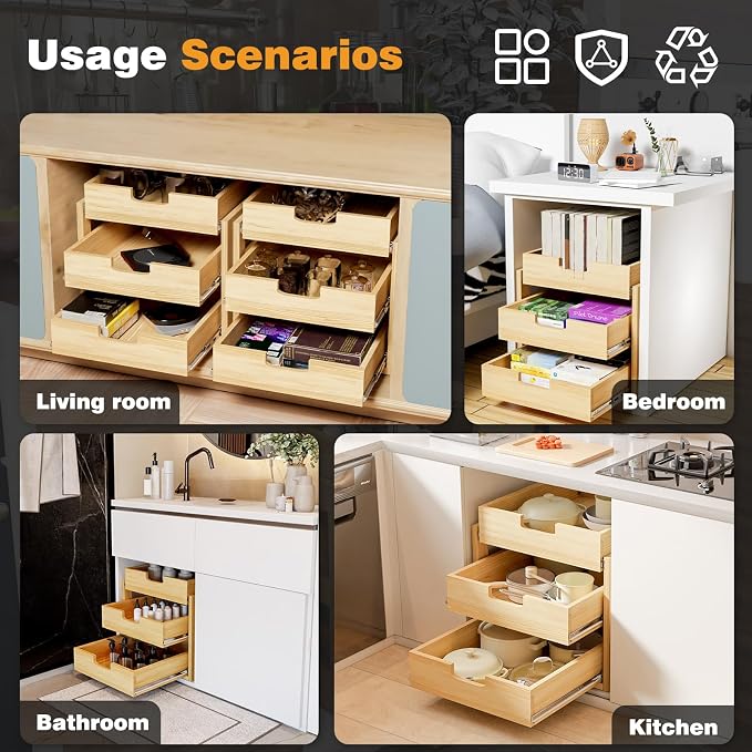 Pull Out Cabinet Organizer, 3 Tier Soft Close Slide Out Wooden Pull out Drawers - Image 7