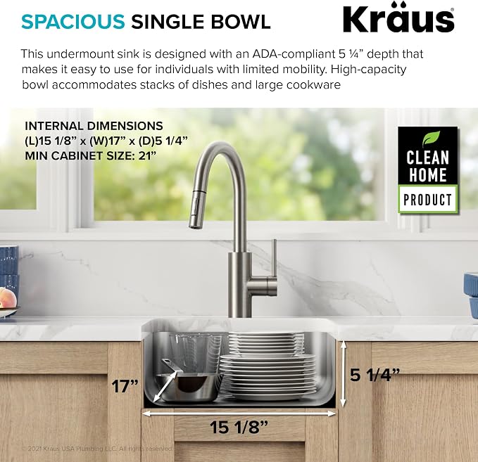 KRAUS Dex 17-inch Undermount 16 Gauge Stainless Steel Single Bowl ADA Kitchen - Image 4