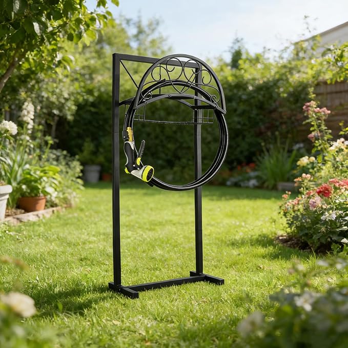 Garden Hose Holder Stand with Storage Basket, Heavy Duty Freestanding Metal - Image 7