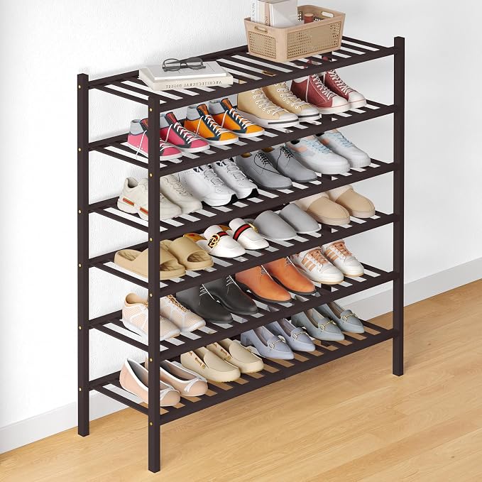 Smiry Bamboo Shoe Rack for Closet, 6 Tier Long Wooden Stackable Shoe Organizer by Smiry