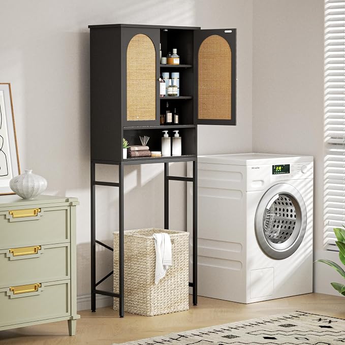 Rattan Toilet Storage Cabinet, Over The Rack Wood Cabinet - Image 5