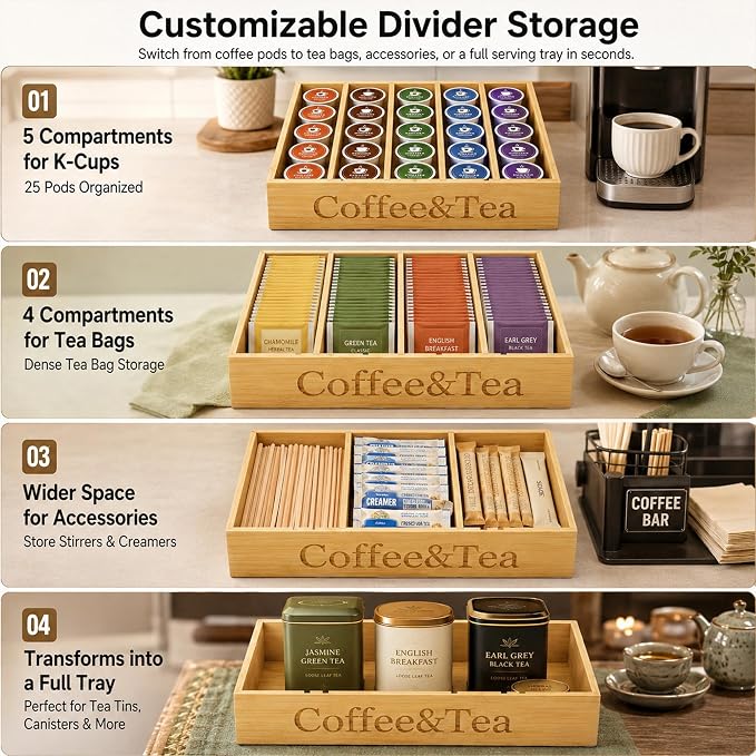 MinBoo Premium Bamboo Coffee Station & Tea Bag Organizer Box -7 Adjustable Slots - Image 4