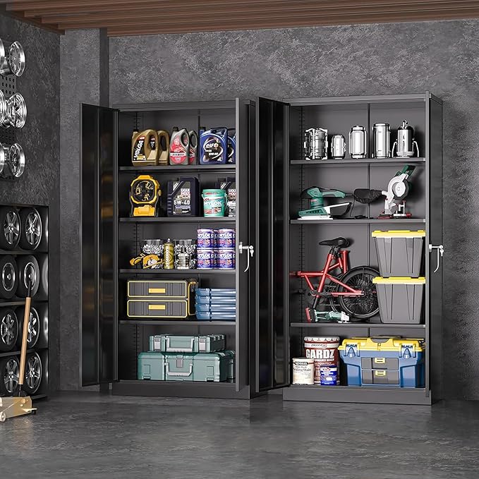 Greenvelly Metal Garage Storage Cabinet, 72” Locking Black Tool Steel Cabinet - Image 2