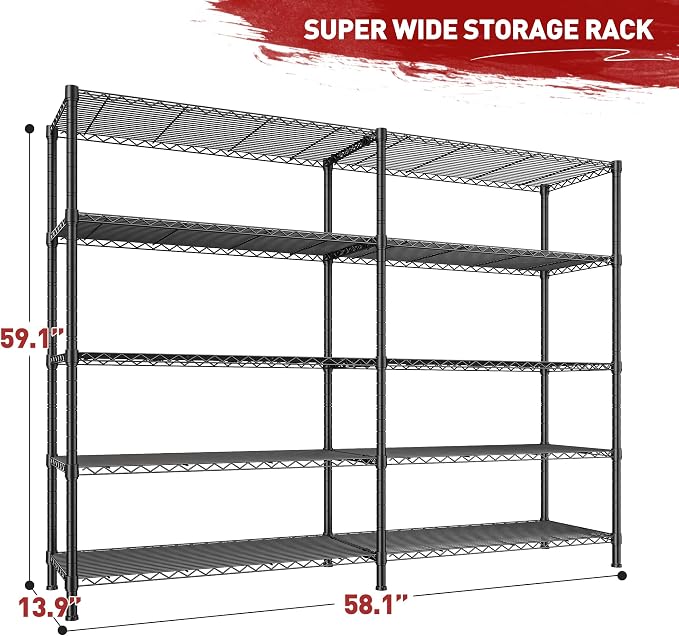 REIBII 1450LBS Metal Shelving Unit Storage Shelves 5 Tier Wire Shelving 58.1''W - Image 3