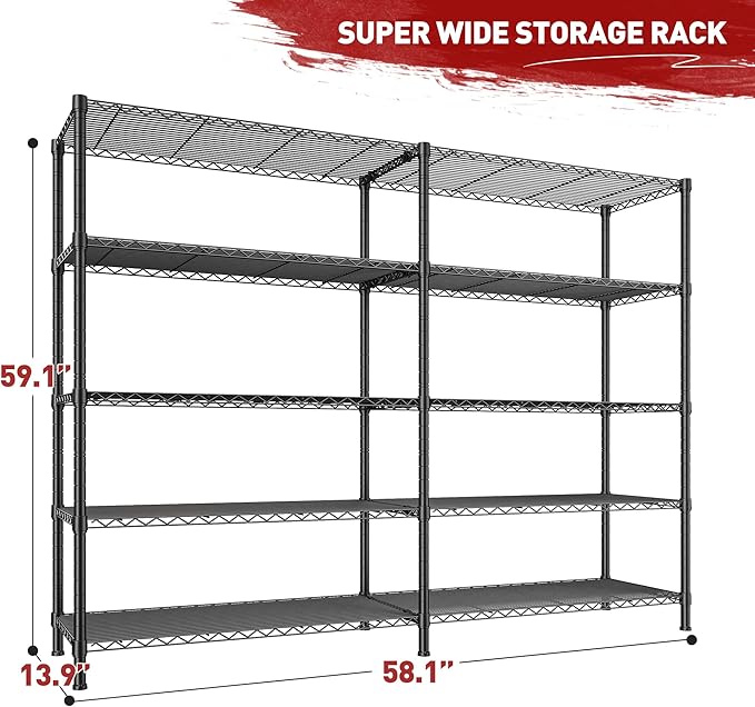 REIBII1450LBS Metal Shelving Unit Storage Shelves 5 Tier Wire Shelving 58.1''W - Image 3