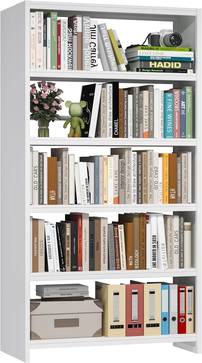 69" White Bookshelf, 5 Tier Tall Bookcase - Image 7