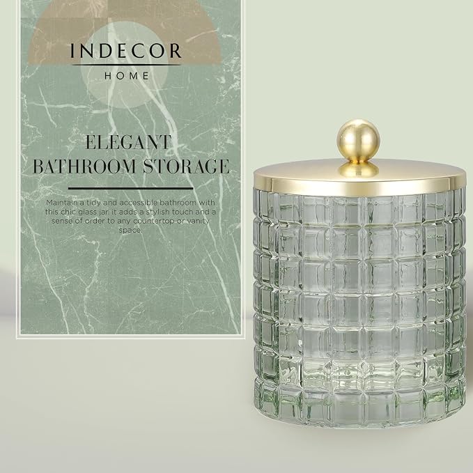 Sage Colored Tranlucent Apothecary Etched Geometric Grid Glass Jar W/Gold Metal - Image 4