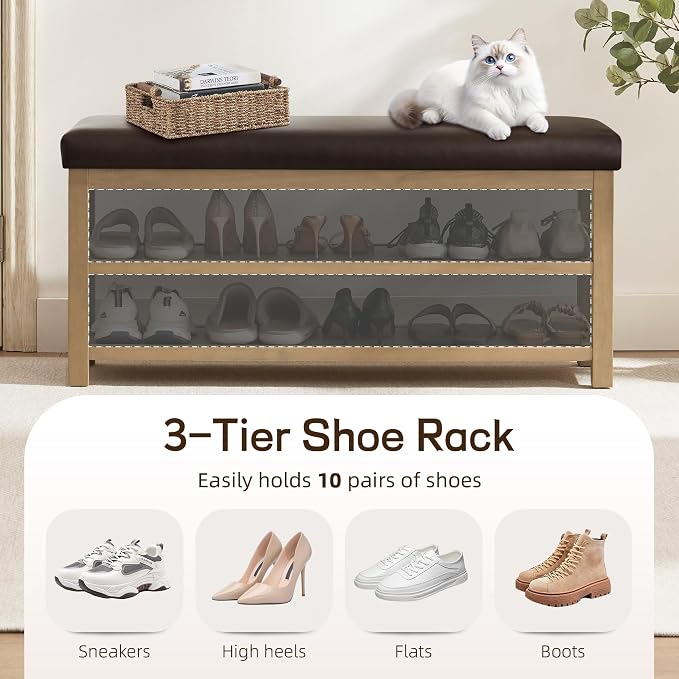 Zihanhome Shoe Rack Bench with Leather Cushion, 2 Tier Solid Wood Storage Bench - Image 6