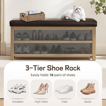 Zihanhome Shoe Rack Bench with Leather Cushion, 2 Tier Solid Wood Storage Bench - Image 6