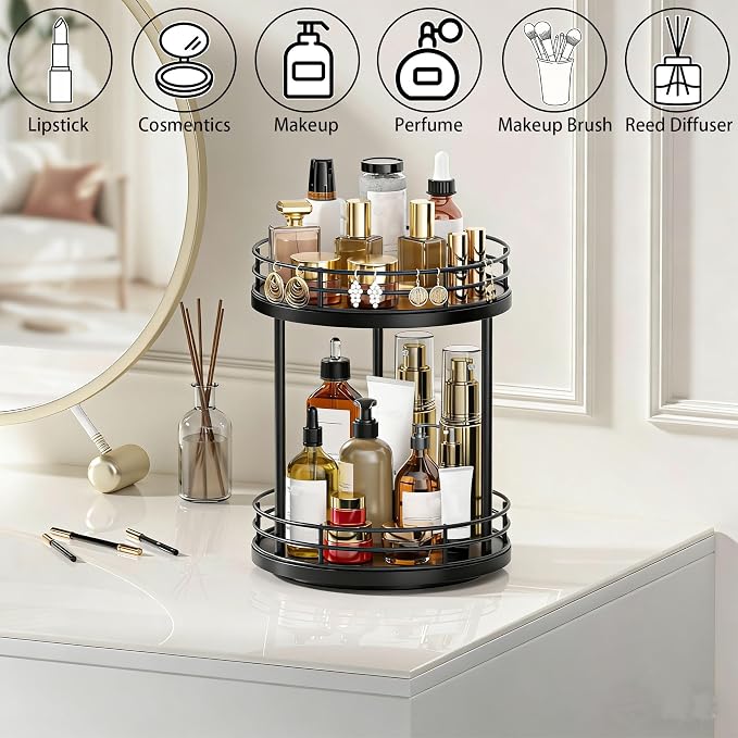 2-Tier Rotating Bathroom Countertop Organizer, Wooden Makeup Vanity Storage - Image 2