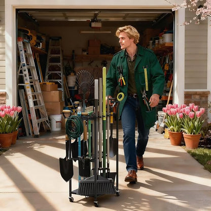 Garden Tool Organizer with Wheels, Heavy Duty Rolling Yard Tool Rack with 14 - Image 4