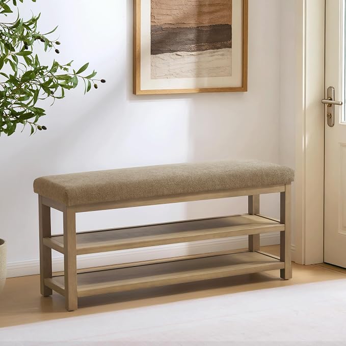 Zihanhome Shoe Rack Bench with Cushion, 2 Tier Solid Wood Storage Bench - Image 3