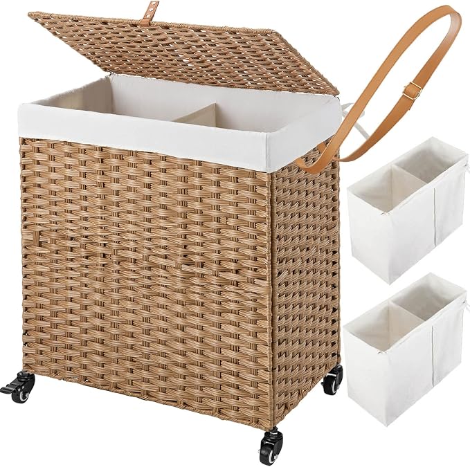 Greenstell Laundry Hamper with Wheels, No Install Needed, 110L Divided by Greenstell