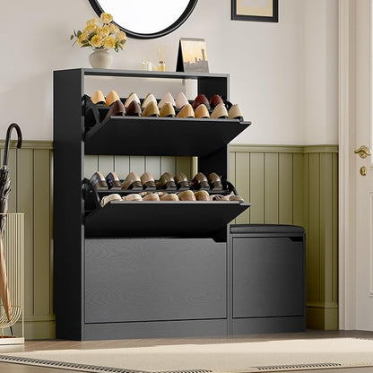 BORNOON Shoe Cabinet with Bench and 3 Flip Drawers, Slim Narrow Shoe Storage by BORNOON