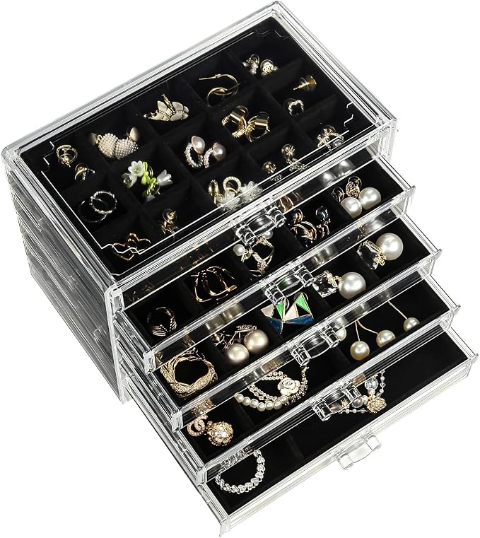 5 Drawers Clear Jewelry Box for Women and Girls, Acrylic Earring Holder by GUOER