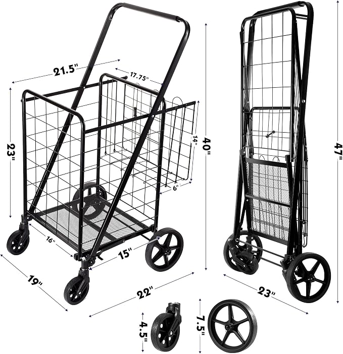 BIEAMA Folding Shopping Cart, 340 Lb Capacity Grocery Cart, Large Size | Heavy - Image 3