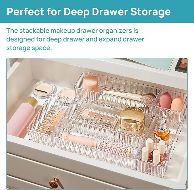 Vtopmart 7 PCS Clear Drawer Organizers Bins, 4-Size Stackable Makeup and Vanity - Image 3