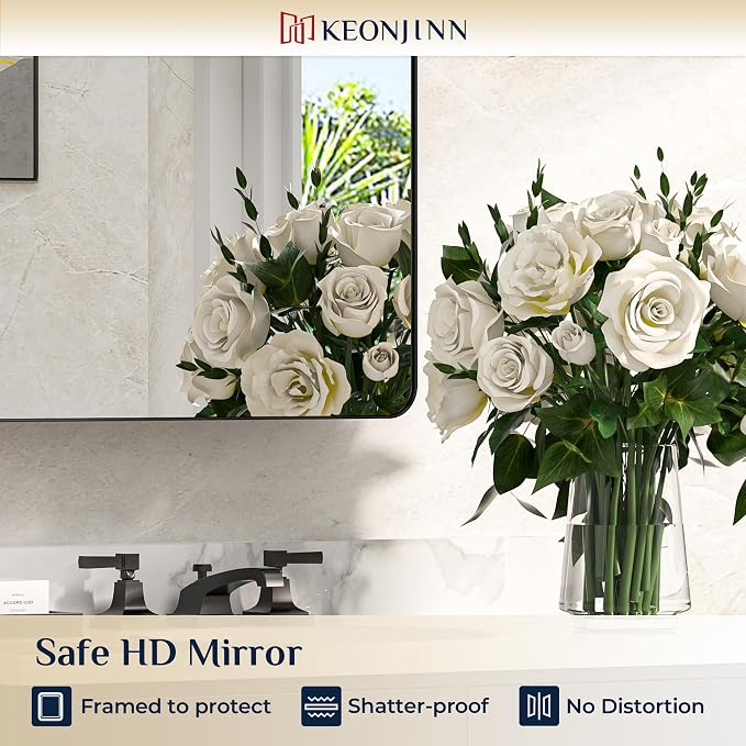 Keonjinn 16" x 24" Black Medicine Cabinet Mirror, Stainless Steel Framed | - Image 9