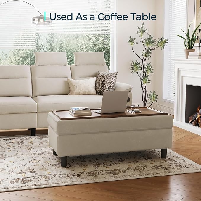 LINSY HOME 46 Inches Wide Storage Ottoman Bench, Linen Coffee Table Folding - Image 4