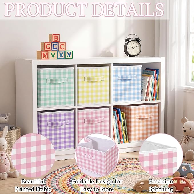 Yalikop 6 Pcs Colorful Gingham Cube Storage Bins, 11 Inch Fabric Checkered - Image 5