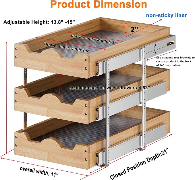 DINDON 3 Tier Pull Out Cabinet Organizer 11” W X21” D Slide Out Wood Drawer - Image 2