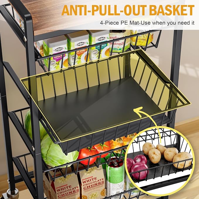TOOLF 5 Tier Kitchen Storage Cart, Metal Utility Rolling Snack Cart | Wooden - Image 3