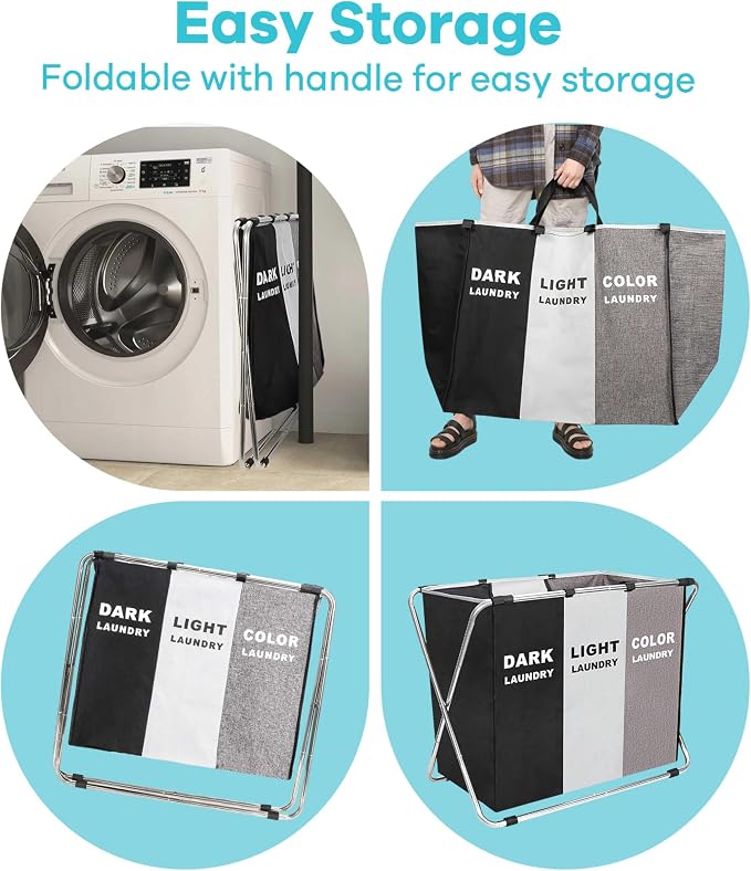 150L Laundry Cloth Hamper Sorter Basket Bin Foldable 3 Sections - Image 5