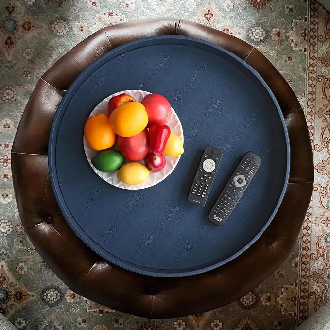 HofferRuffer Large Round Serving Tray 24'', Elegant Faux Leather Circle Ottoman - Image 7