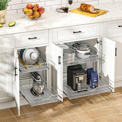 WelFurGeer 2-Tier Kitchen Cabinet Pullout Shelf and Drawer Organizer, Soft - Image 2