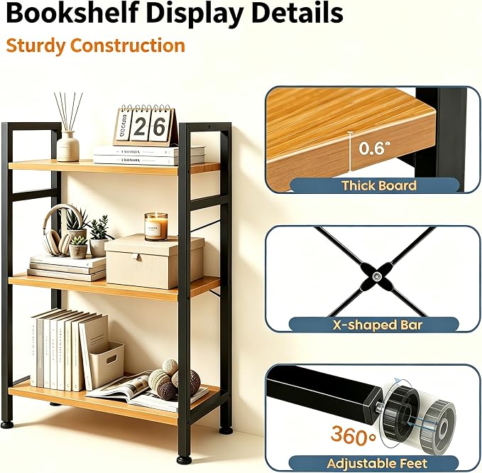 HealSmart 3 Tier Bookshelf, Free Standing Book Shelf Home Office Bookcase Shelf - Image 5