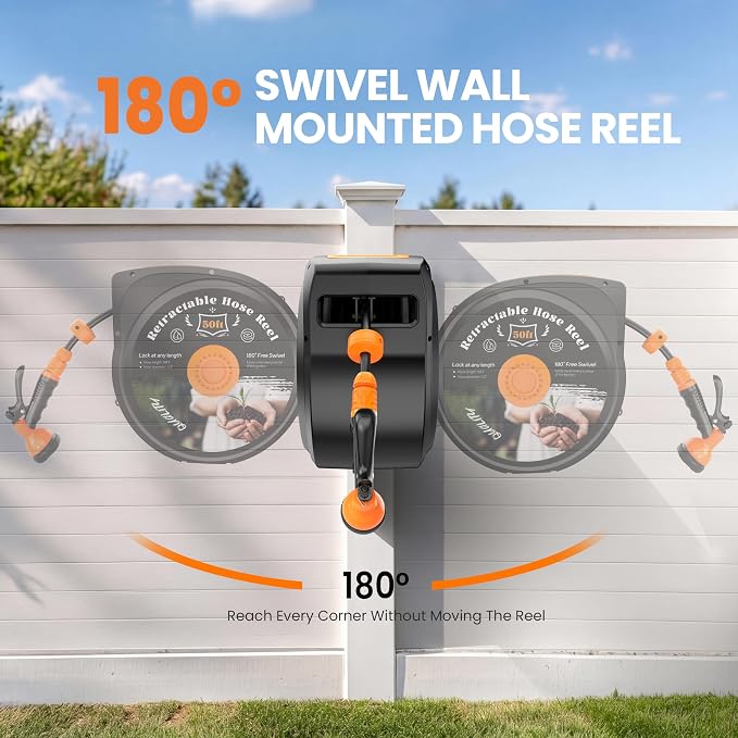 Retractable Garden Hose Reel, 1/2 in x 50 ft Wall Mounted Hose Reel | - Image 9