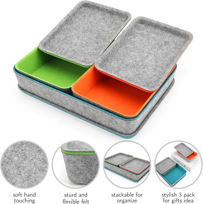 Welaxy Stackable Lidded Felt Desk Organizer Tray Multi-Color 3-Pack Makeup - Image 2