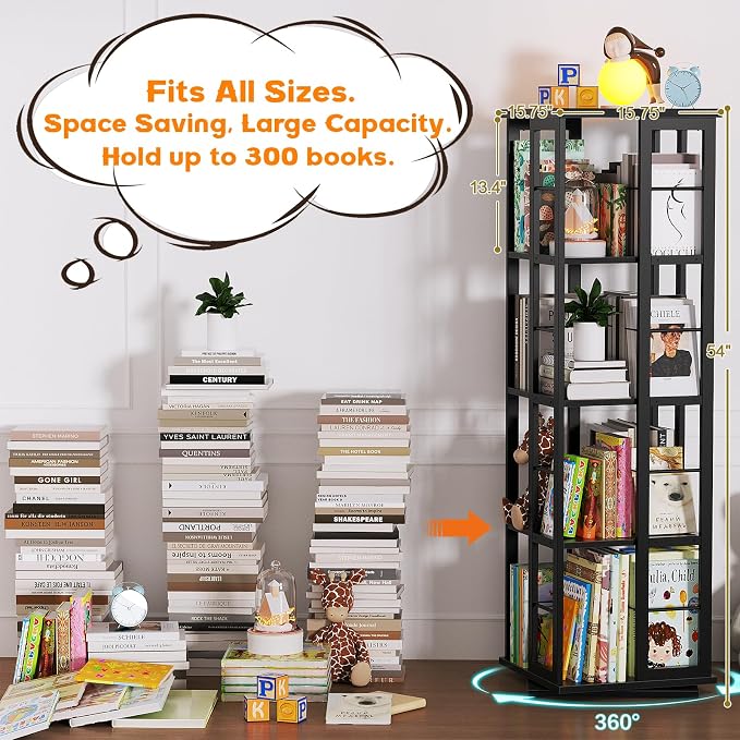 Aheaplus Rotating Bookshelf, Corner Bookshelf, 360 Display Wood Spinning - Image 4