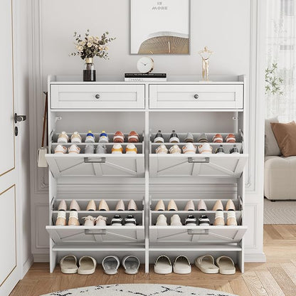 Shoe Cabinet with 4 Flip Drawers & 2 Top Drawers, Wooden Narrow Hidden Slim - Image 8