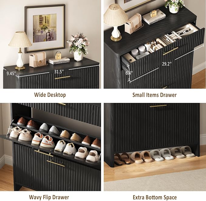 Fluted Shoe Storage Cabinet for Entryway, Narrow Wooden Shoe Cabinet - Image 5