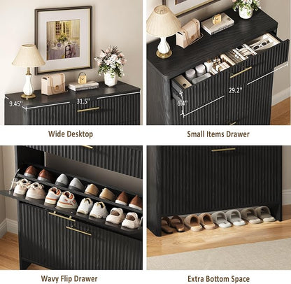 Fluted Shoe Storage Cabinet for Entryway, Narrow Wooden Shoe Cabinet - Image 5