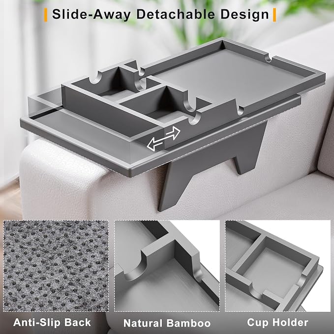Couch Cup Holder Tray - 2 in 1 Couch Armrest Table - Sofa Armchair Caddy - Image 2