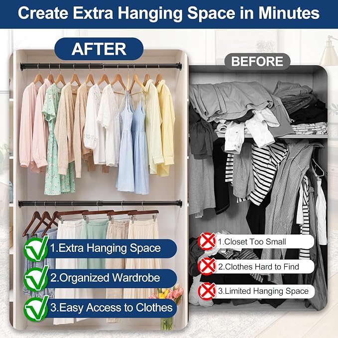 Adjustable Closet Rod for Hanging Clothes, 17-99inch Heavy Duty Metal tension - Image 2