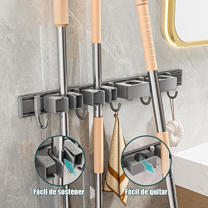 Broom Holder Wall Mount Movable Hooks and Clips Mop and Broom Hanger Wall - Image 4
