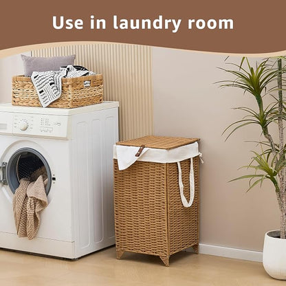 Laundry Hamper with Lid and Removable Liner Bag, Handwoven Rattan Clothes - Image 6