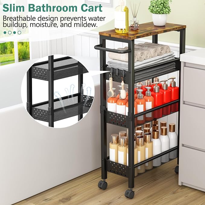 Utility Slim Storage Cart with Wheels, 4 Tier Small Rolling Cart with Wood Top - Image 3