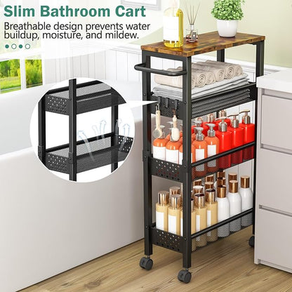 Utility Slim Storage Cart with Wheels, 4 Tier Small Rolling Cart with Wood Top - Image 3