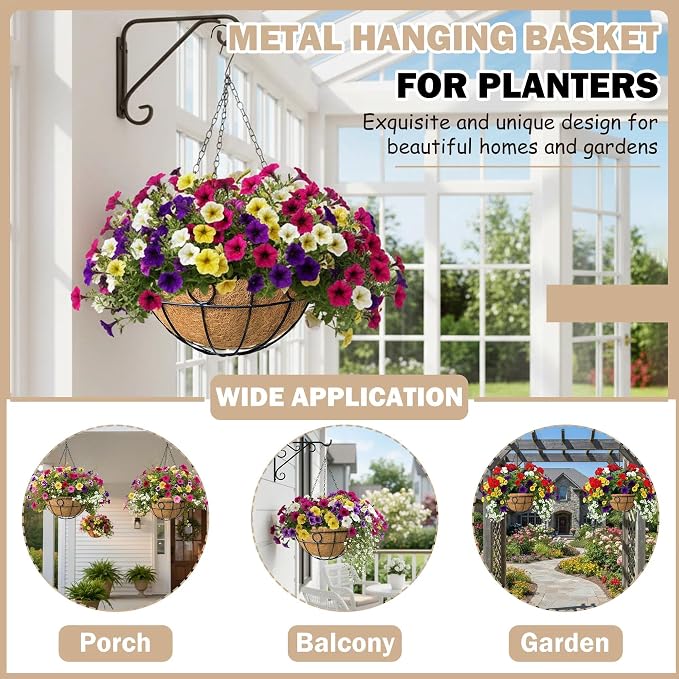 2 Pack 12 inch Black Round Metal Wire Hanging Planter Basket Outdoor Hanging - Image 4