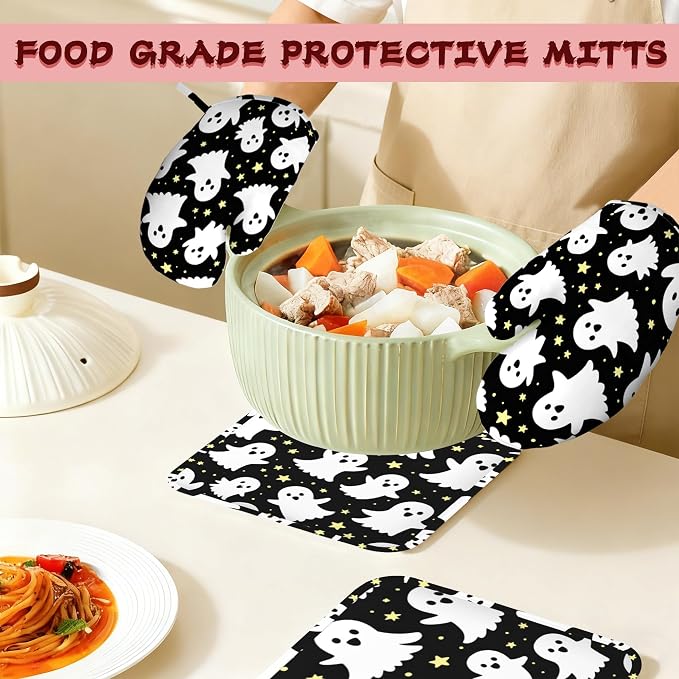 Halloween Ghosts Heat-Resistant Silicone Oven Mitts and Pot Holders, Long Oven - Image 7