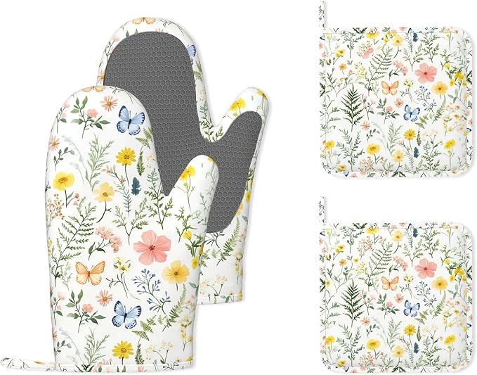 Wildflowers Oven Mitts and Pot Holders, Vintage Plants Herb Flower Butterfly by Unknown