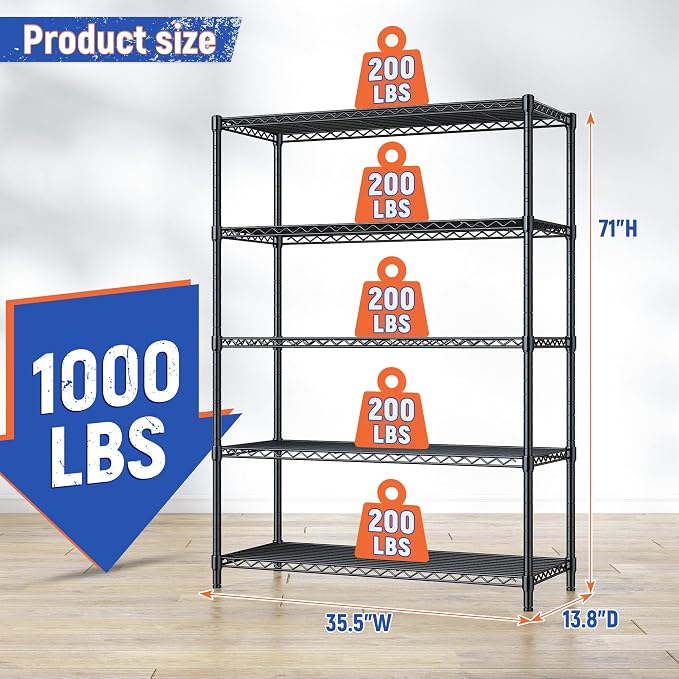 5 Tier Storage Shelves 71" H Wire Shelving Adjustable Metal Shelving, 1000LBS - Image 3