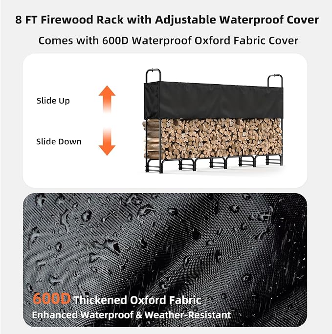 8FT Firewood Rack with Cover Outdoor, Heavy Duty Wood Storage Rack with 600D - Image 3