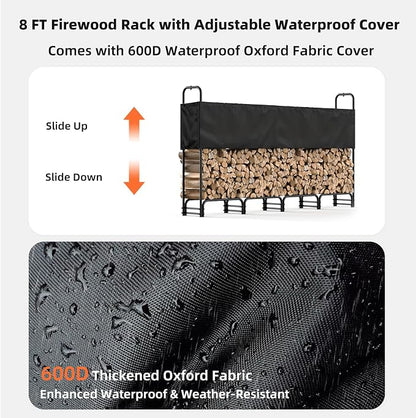 8FT Firewood Rack with Cover Outdoor, Heavy Duty Wood Storage Rack with 600D - Image 3