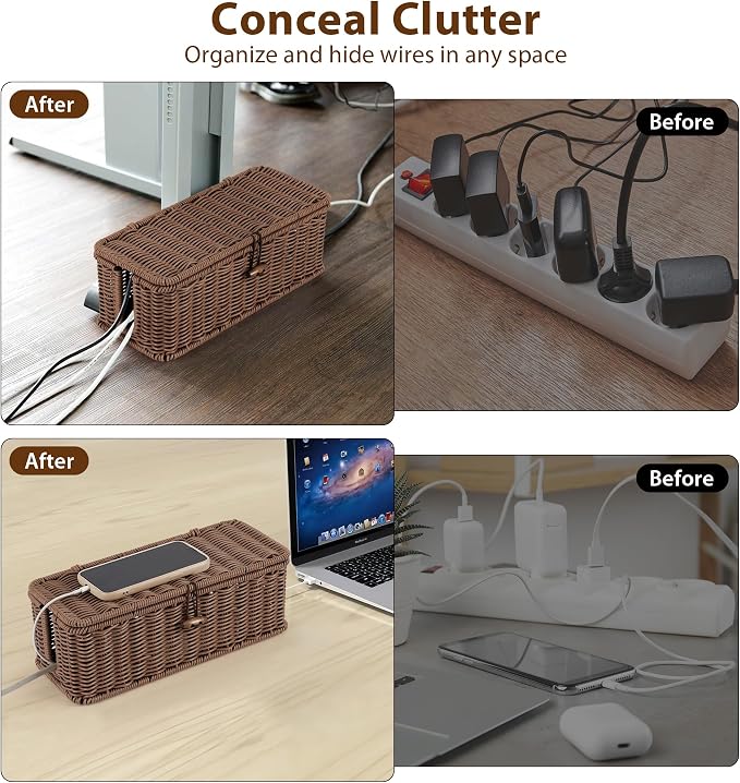 Cable Management Box, Handwoven Faux Rattan Cord Organizer Box - Image 3