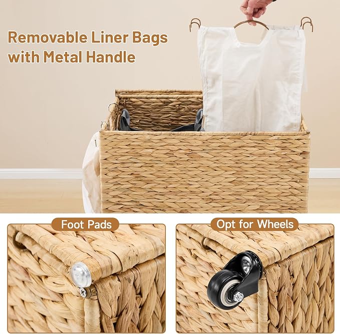 Laundry Hamper with Wheels, 40.92 Gallon Water Hyacinth Laundry Basket with Lid - Image 6